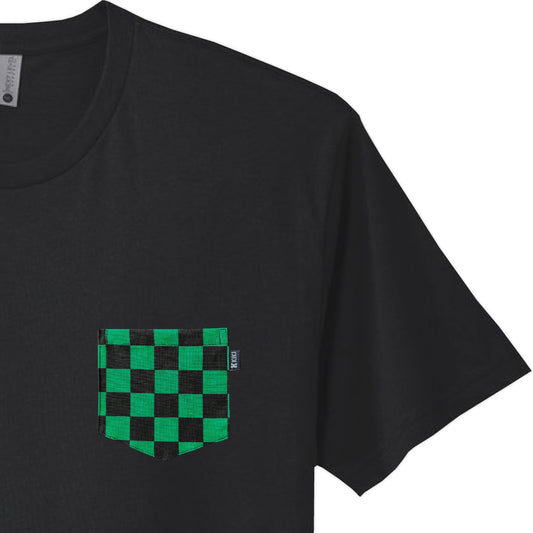 Close-up of Green and Black Ichimatsu Pocket Tee from KIKI Japan