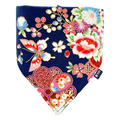 Navy Blue Japanese Flowers and Butterfly Dog & Cat Bandana - KIKI Japan